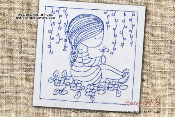 Girl Sitting on Flower Redwork